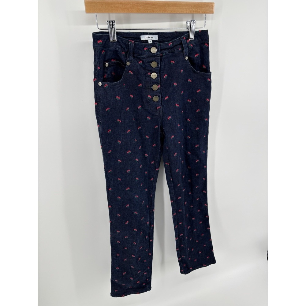 Miaou Jeans Women's Sz 28 Floral Rose Embroidered Straight Leg Coquette Chic - Picture 2 of 14